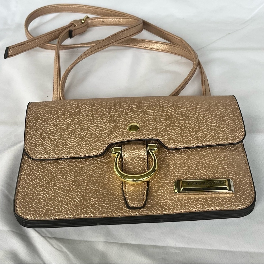 Tahari Women's Rose Gold Pink Faux Pebble Leather Crossbody Purse Handbag Bag